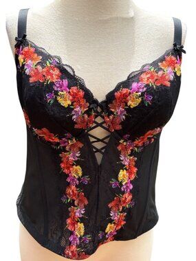 Lace-Up Corset Top Cacique Floral Embroidered Black & Multicolor Size 42DD